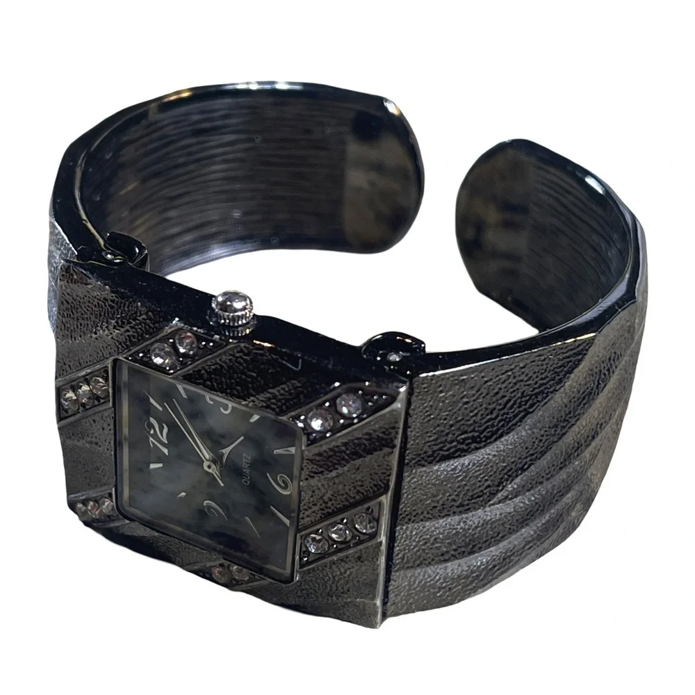 Elegant Black & Silver Rhinestone Cuff Bangle Watch | Japan Movt